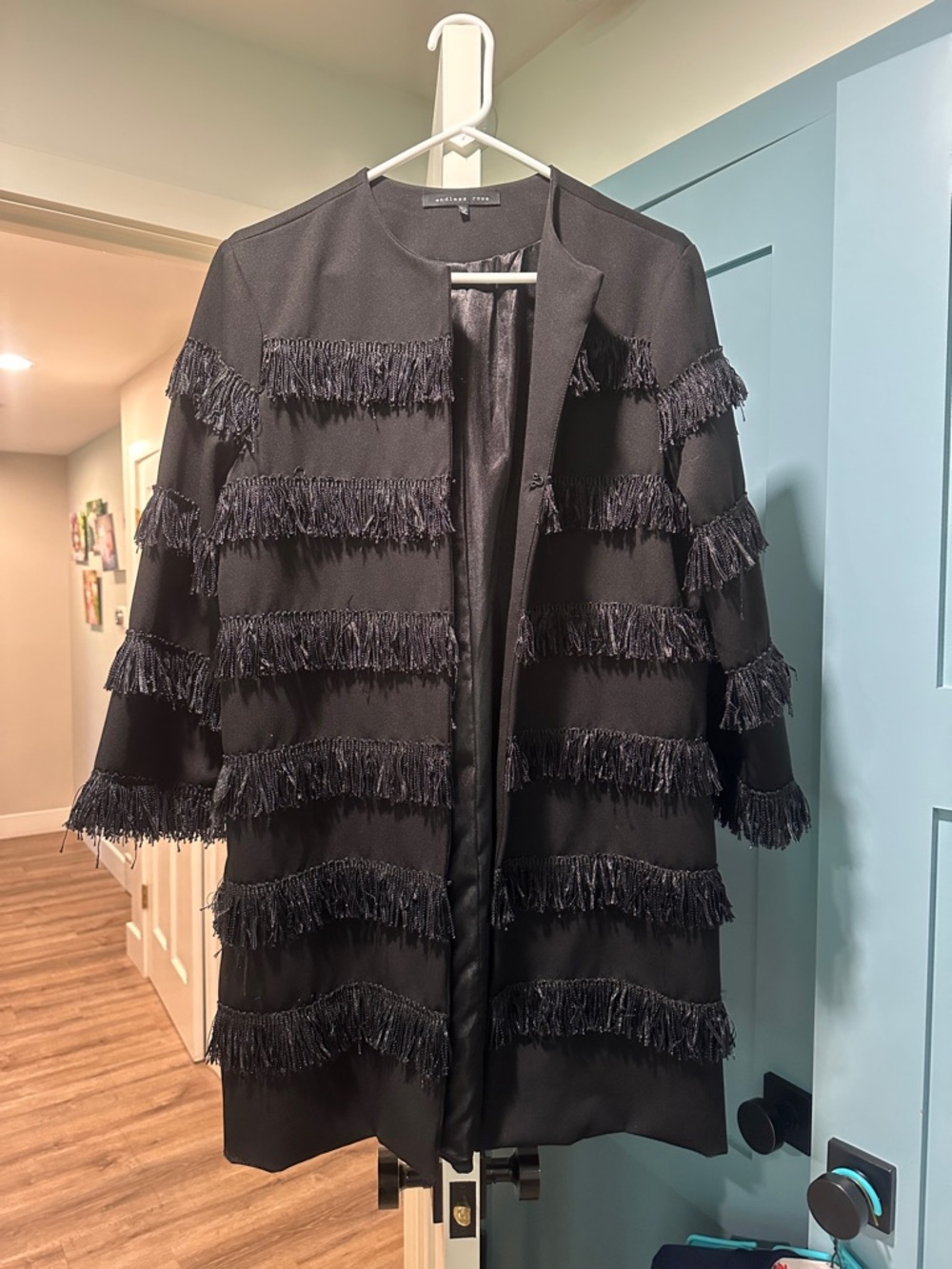 Endless Rose Black Fringe-Trim Open Front Cape Coat